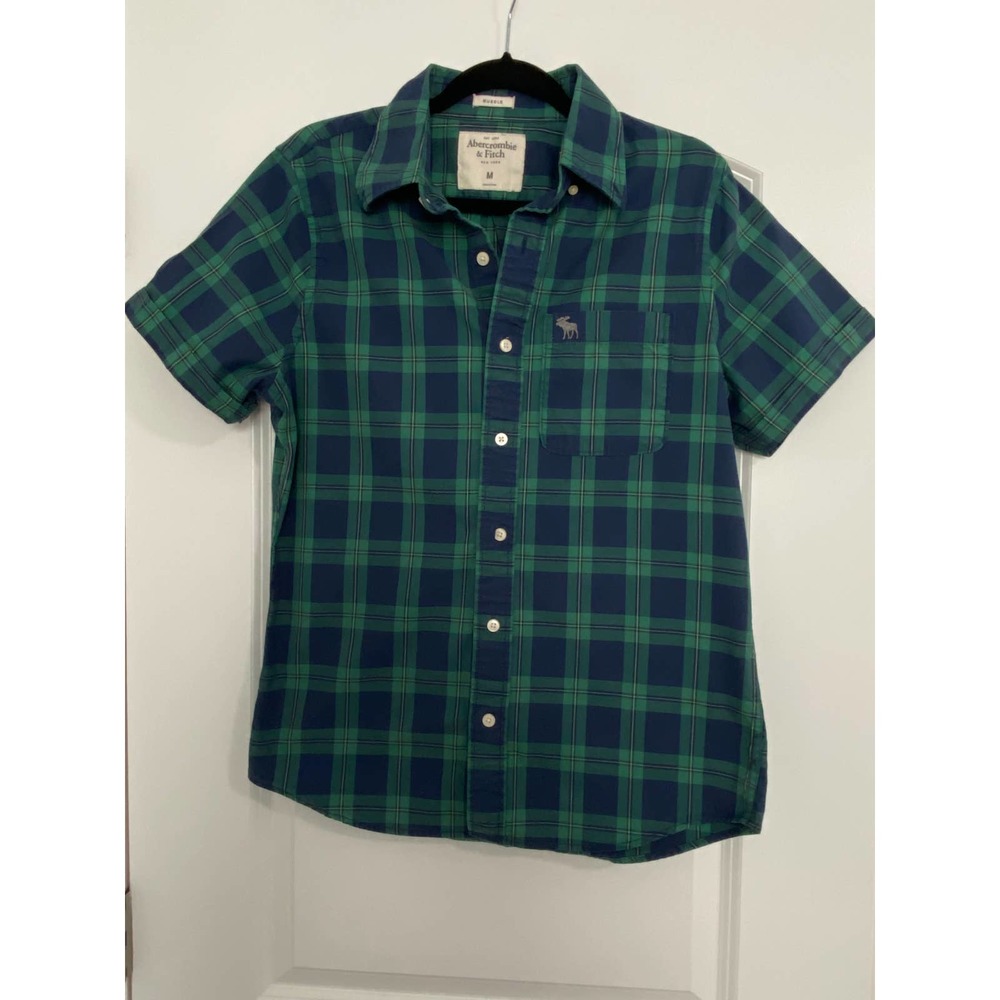 ABERCROMBIE & FITCH Medium Muscle Tee Green Navy Plaid Button Up Short Sleeve